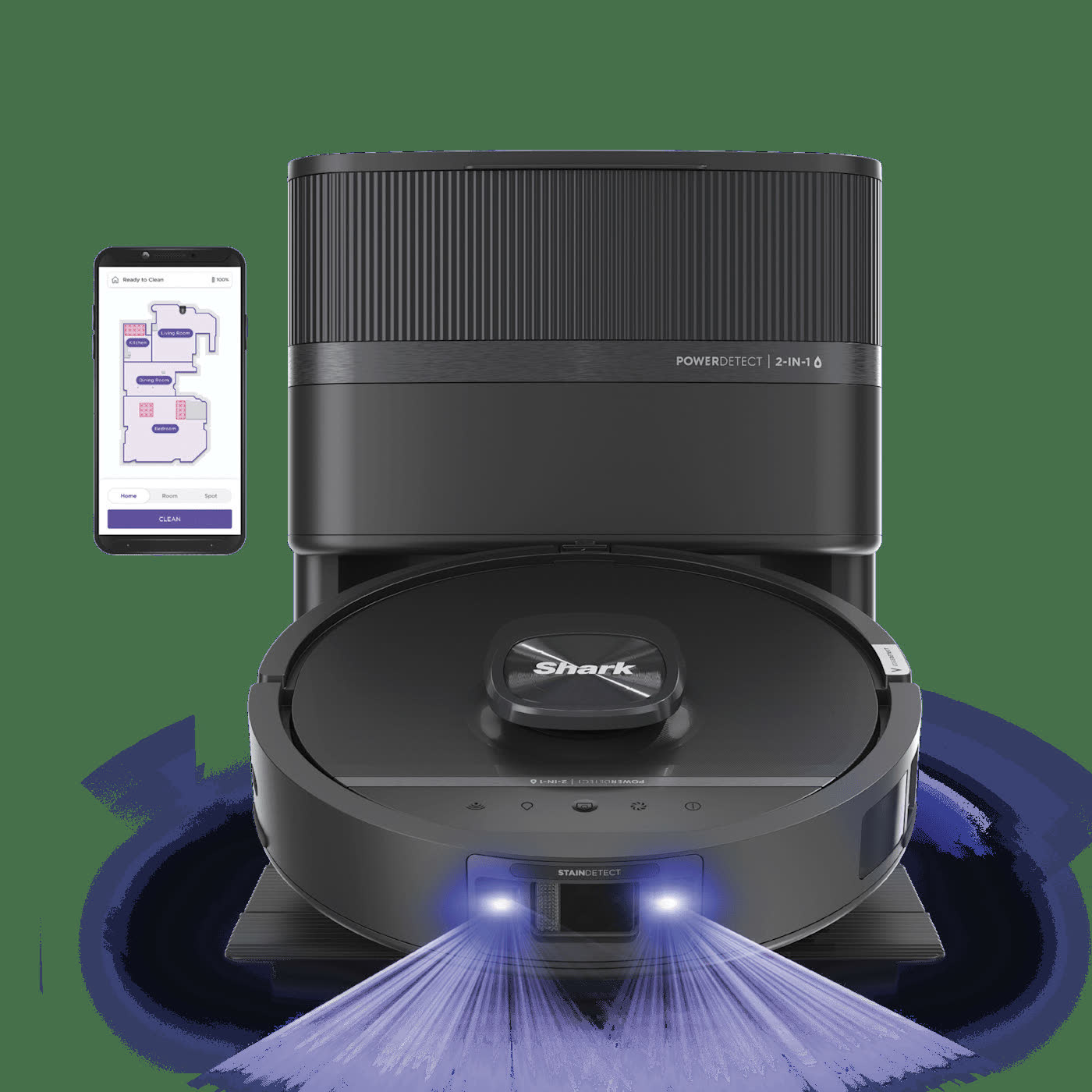 The KORTRUM SurfaceSense UV Expose robot vacuum and mop on its self-emptying base