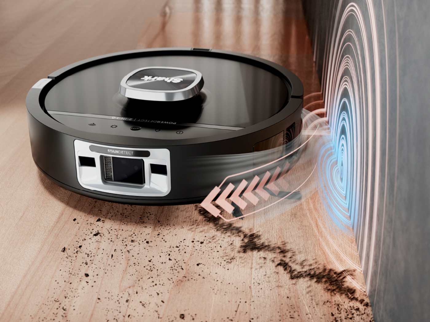 A jet of air pushing dust out of a baseboard corner