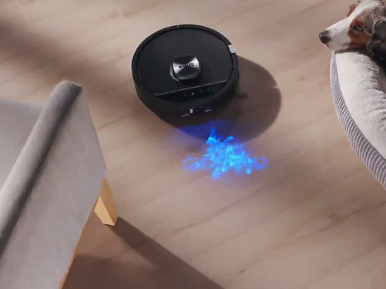 UV Expose lighting up an invisible spill on a hard floor as the robot passes